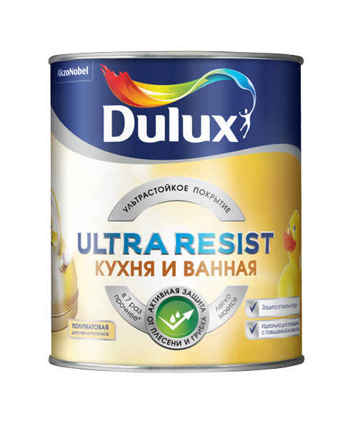 Краска Dulux Ultra Resist Кухня и ванная для стен и потолков Полуматовая 0,9-5 л